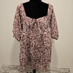 Olivaceous Boho Floral Short Puff Sleeve Mini Baby Doll Dress Maroon Size Medium